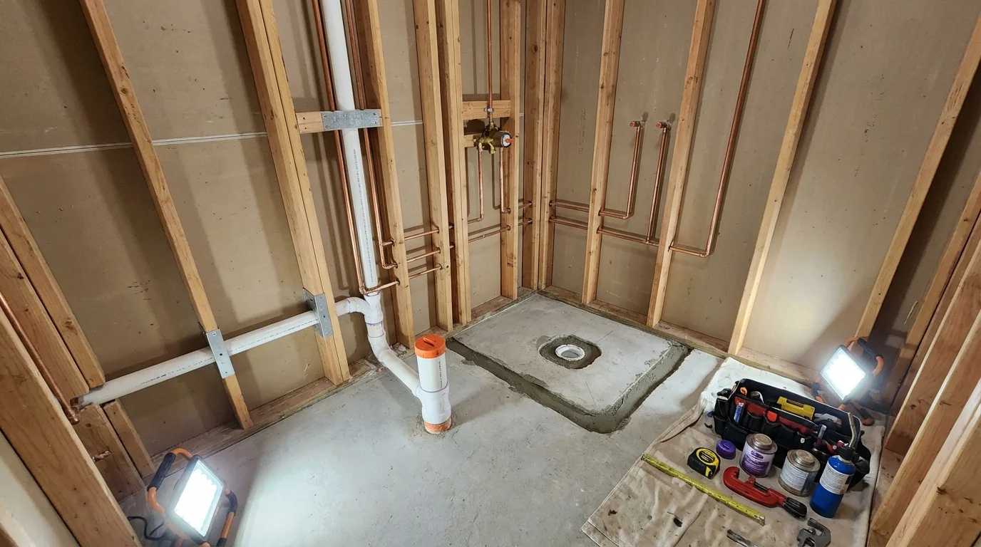 Bathroom rough-in plumbing during remodel by Johns Plumbing LLC in Philmont