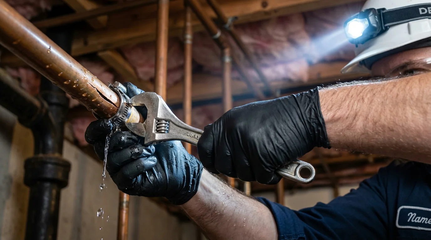 Emergency pipe clamp repair being performed by a Johns Plumbing LLC plumber in Philmont